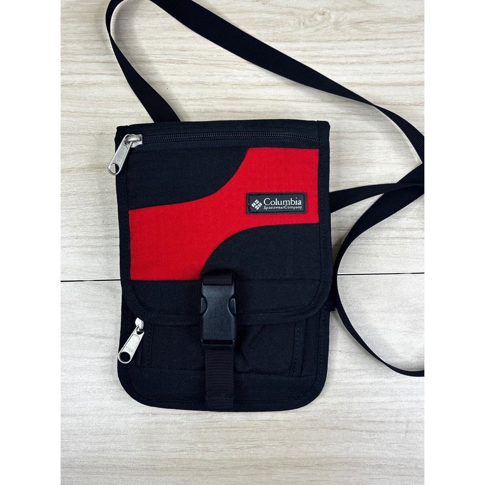 Columbia Sportswear Travel Neck Wallet Crossbody Bag Black Red Canvas Organizer